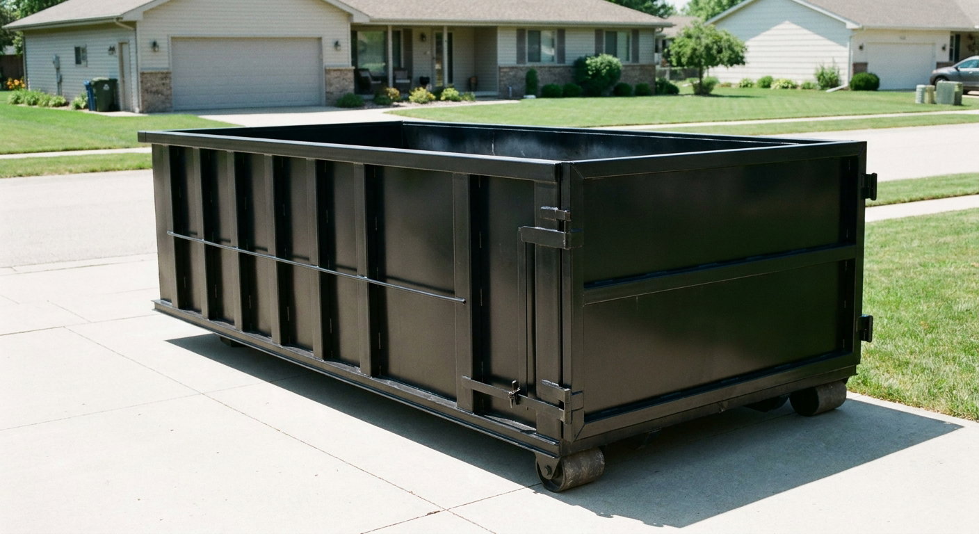 Matte-black 10-yard roll-off dumpster on a residential concrete driveway in Blaine, uniformly painted matte black across every panel and rail, ribbed steel sidewalls and rear swing door visible, mid-day daylight.