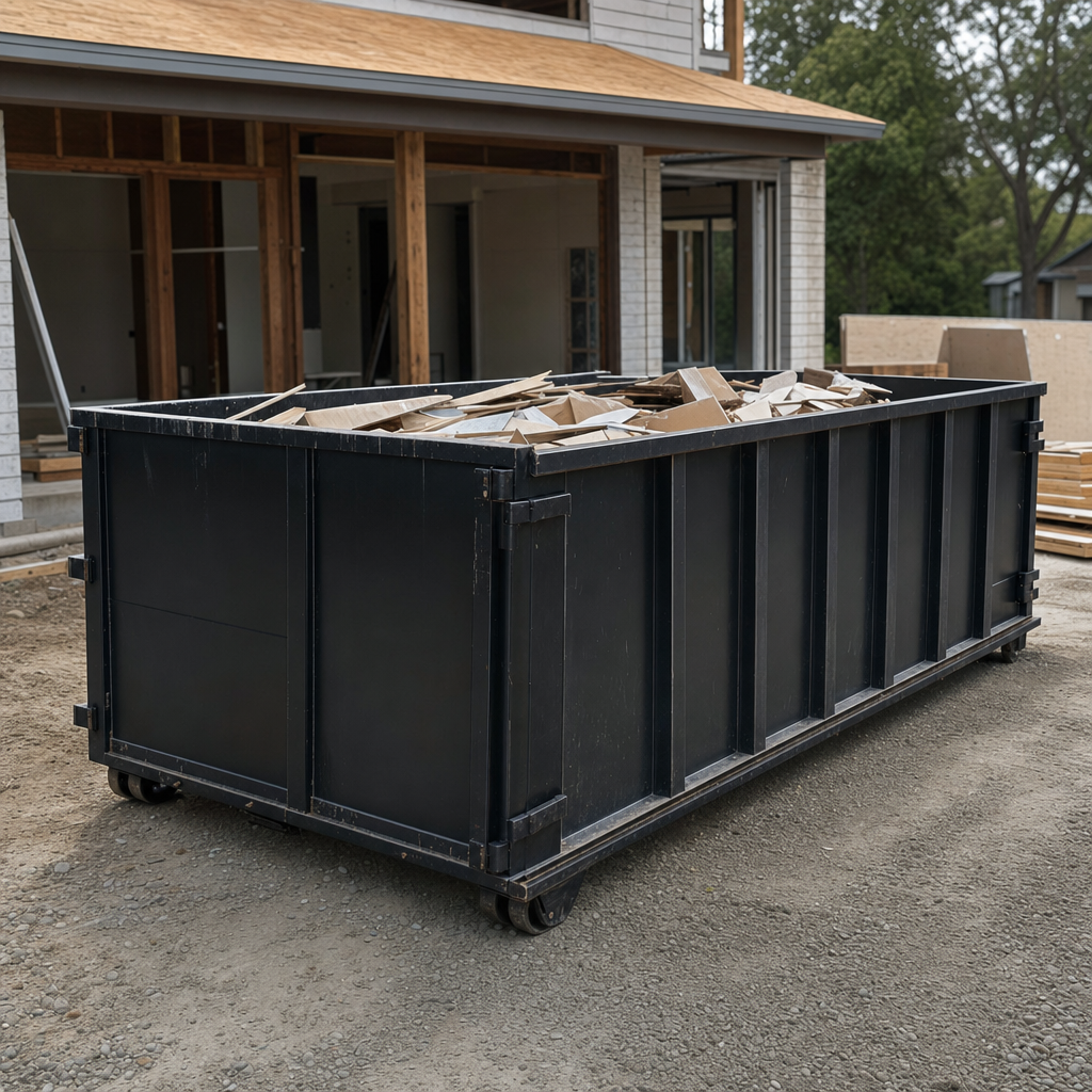 Large matte-black 30-yard construction roll-off dumpster at an active Blaine jobsite, steel-gray top rails and bottom rollers visible, loaded with construction debris.